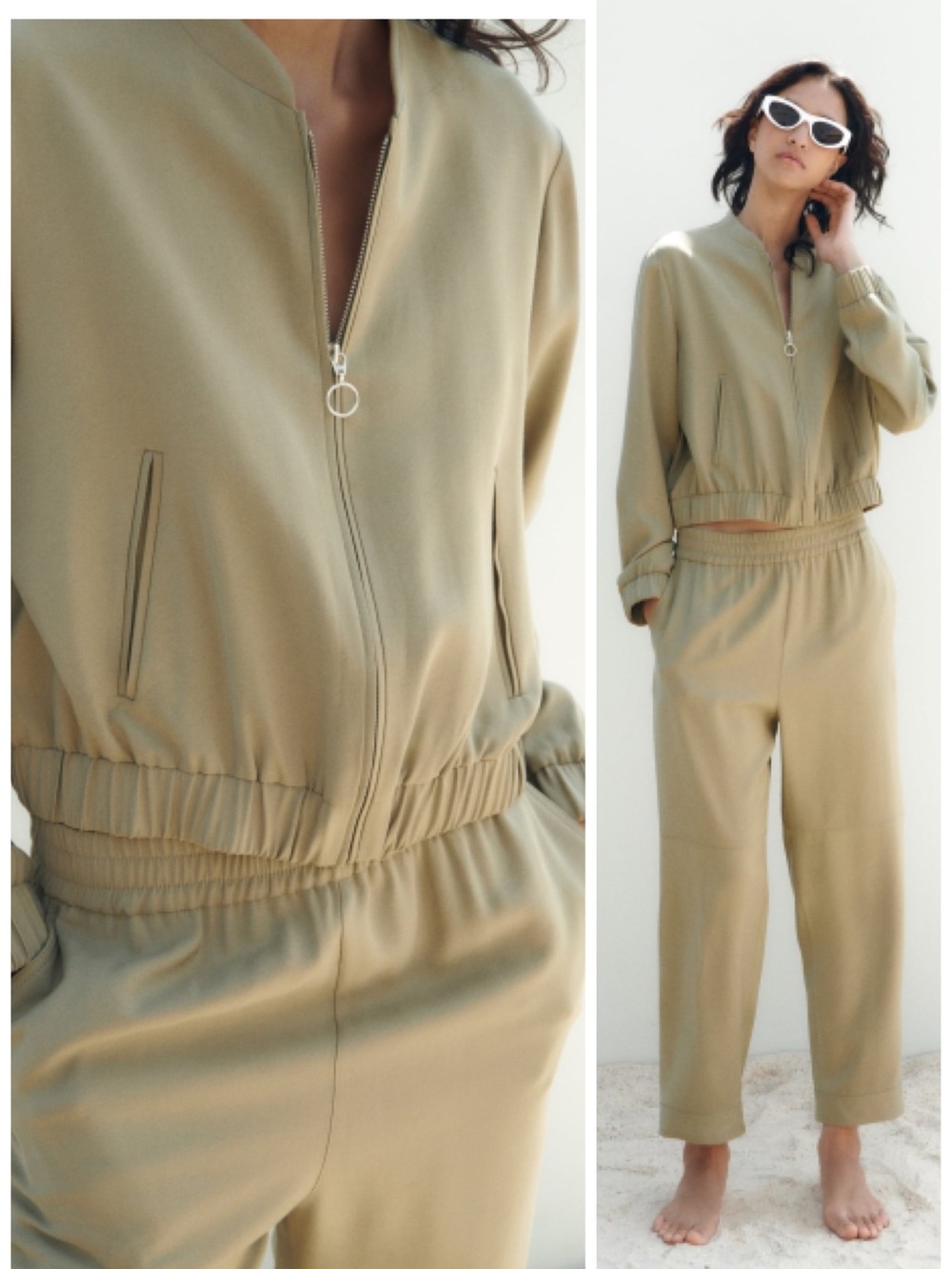 ZARA 2-Pc Coord Set Khaki Green Bomber Jacket + Adjustable Hem Pants XS Capsule